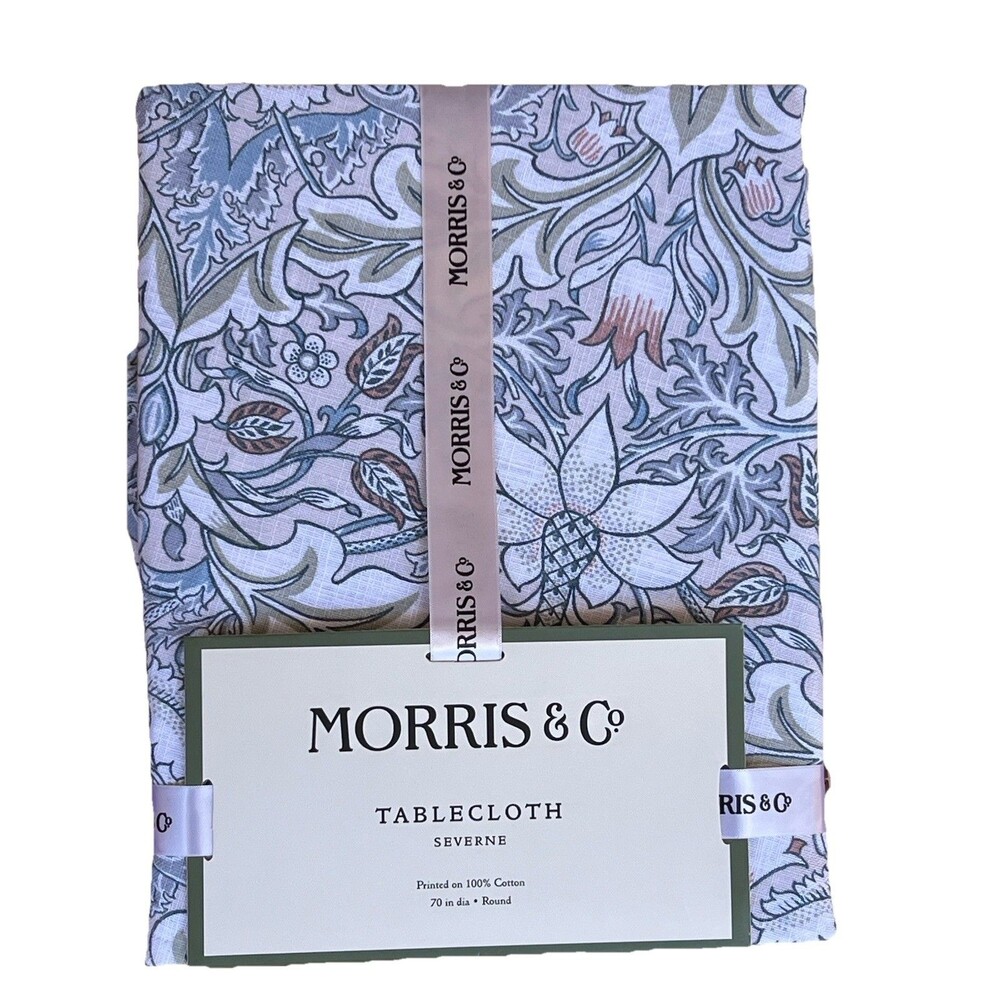 MORRIS & CO Severne Floral 70” Round Blue Gray Sand Cotton Tablecloth New